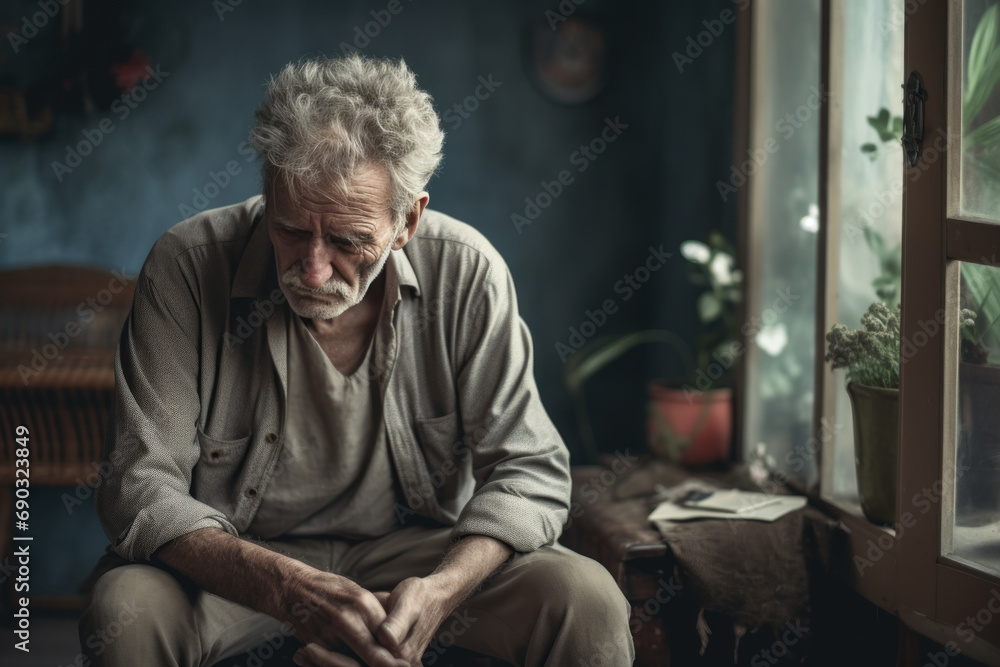 A depressed elderly man quarantined at home suffers from loneliness.