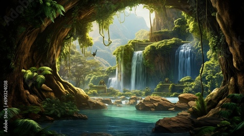 A picturesque scene of a waterfall with a hidden cave behind.