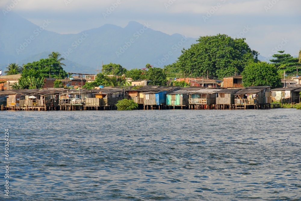 City of Guarujá, Brazil. Stilts or wooden houses of poor communities over the mangrove of the Santos port channel. Vicente de Carvalho neighborhood.