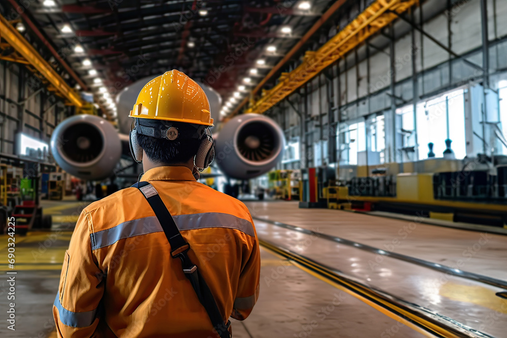 aircraft worker.mechanic having job in airdrome.Aircraft Maintenance Mechanic Inspecting and Working on Airplane Jet Engine in Hangar aircraft worker.mechanic having job in airdrome.Aircraft Maintenance Mechanic Inspecting and Working on Airplane Jet Engine in Hangar