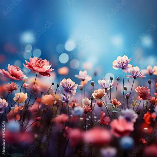 Beautiful wild flowers on bokeh background. Toning design spring flowers. Landscape wide format, cool blue tones. Image of beauty of nature.