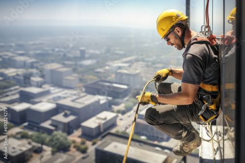 Window cleaner.Male professional cleaning service worker in overalls cleans the windows with special equipment