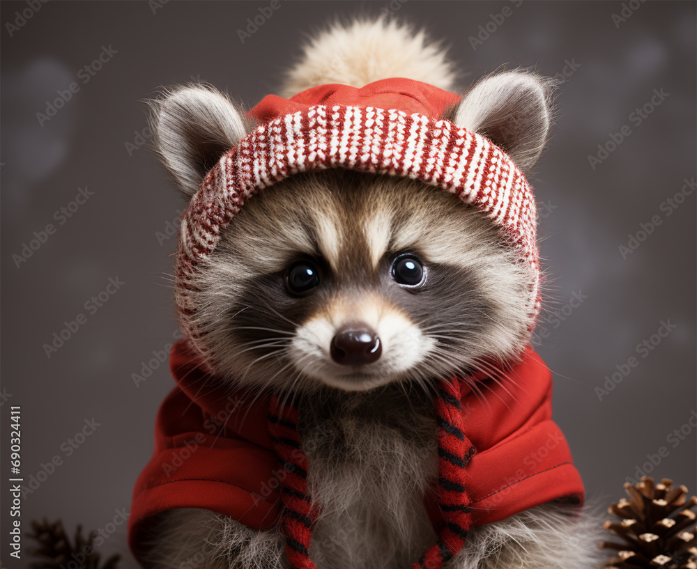 adorable raccoon in a red hat on a Christmas background. Christmas and New Year concept. adorable raccoon in a red hat on a Christmas background. Christmas and New Year concept.