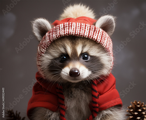 adorable raccoon in a red hat on a Christmas background. Christmas and New Year concept. 