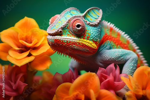 Chameleon on the flower. Beautiful extreme close-up. © Hunman