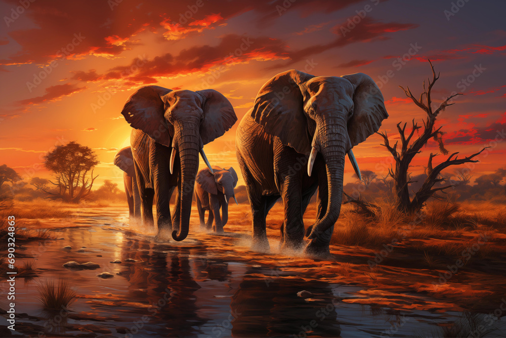 Obraz premium Elephant Herd Traversing Serene River at Sunset in Savannah Generative AI