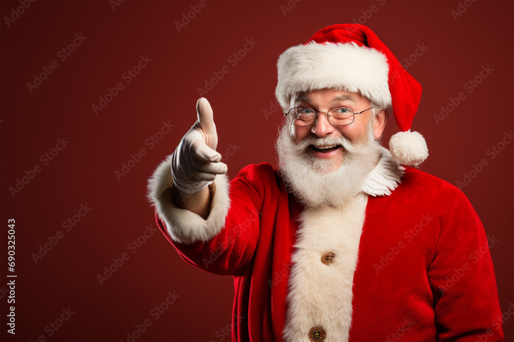 Santa on a red background points his finger at the copy space on the banner. Christmas and sales concept Santa on a red background points his finger at the copy space on the banner. Christmas and sales concept