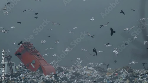 A garbage truck unloads garbage at a landfill in slow motion. Pollution of nature with unsorted waste. Seagulls and crows are a large flock. Dirty ecology epic footage. photo