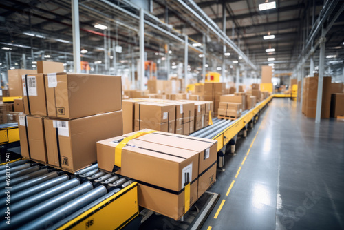 Logistics station with automatic conveyor belt Efficient conveyor belts for moving cardboard carton packages in busy warehouse fulfillment centers.