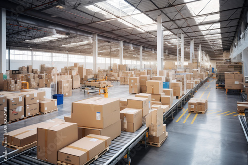 Logistics station with automatic conveyor belt Efficient conveyor belts for moving cardboard carton packages in busy warehouse fulfillment centers. photo