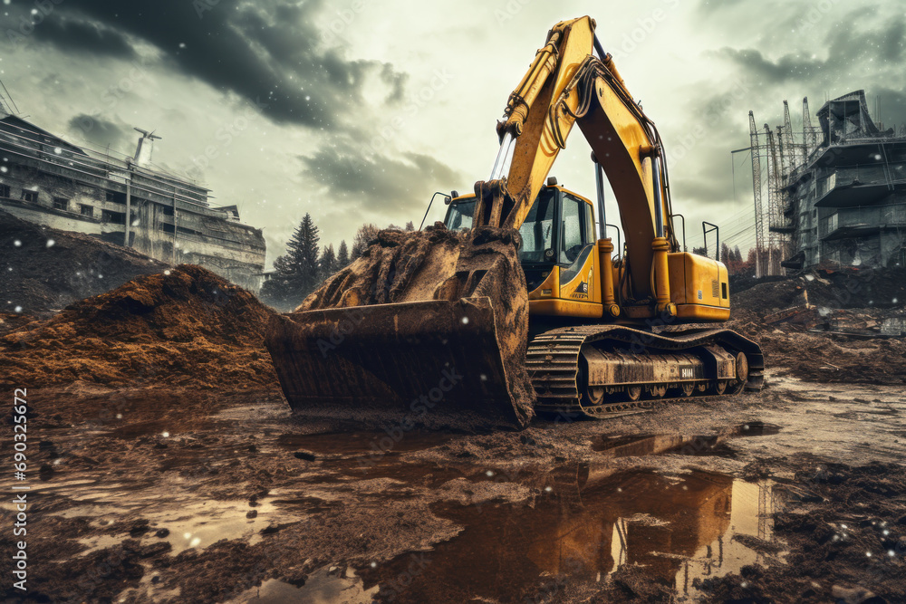Yellow excavator or backhoe is digging soil and working on construction site. Heavy duty construction equipment in the workplace - obrazy, fototapety, plakaty 