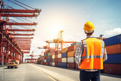 Male engineer and foreman manage loading containers from cargo ship for import and export. and engineers check the quantity of goods in the container.