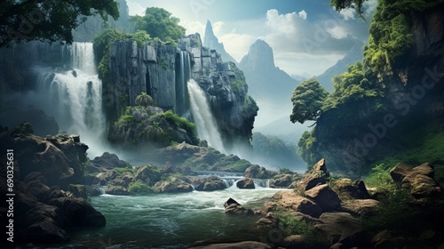 A picturesque waterfall cascading down a rocky cliff, surrounded by lush vegetation.