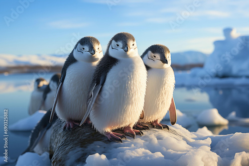 Penguins on Ice: A Group Gathering in Icy Waters Generative AI photo