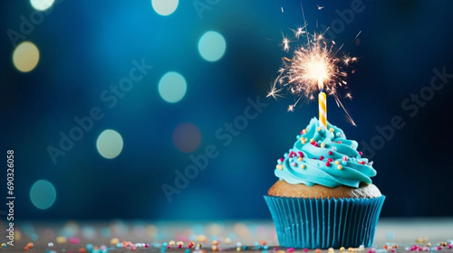 copy space, stockphoto, Birthday card with a tasty festive cupcake decorated with sugar and a burning candle. Beautiful design for birthday card, greeting card. Template for birthday card for children