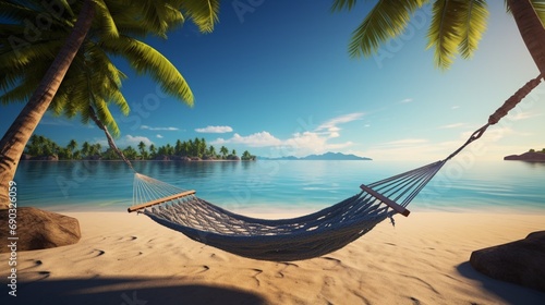 A picturesque tropical beach with a hammock suspended between two palm trees.