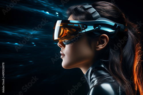 Woman wearing VR glasses side profile