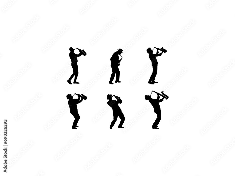 Set of Saxophone Player Silhouette in various poses isolated on white background Set of Saxophone Player Silhouette in various poses isolated on white background