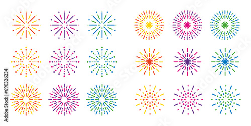 colorful firework happy new year celebration congratulations party carnival minimal geometric line graphic design abstract vector element illustration art flat set