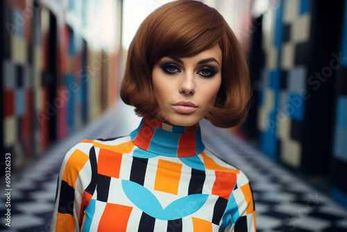 60s mod fashion portrait, model with a geometric dress, bouffant hair, dramatic eyeliner, posing with a scooter photo