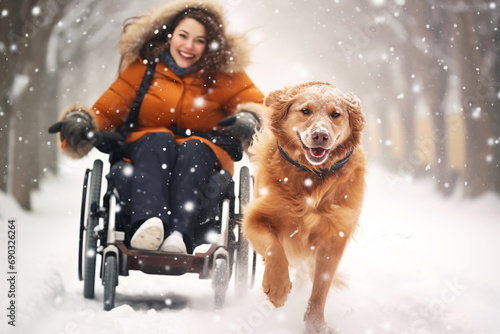 Happy young disabled woman in wheelchair walks with his pet dog along a winter park photo