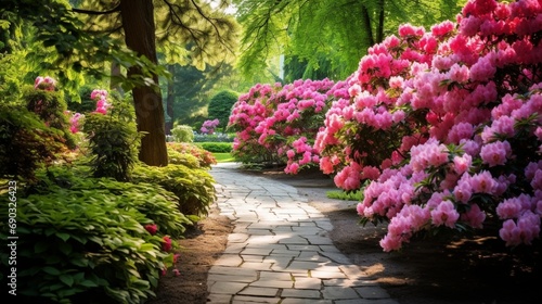 A serene garden blooms with an array of vibrant flowers, set against a backdrop of lush green shrubs and trees. photo