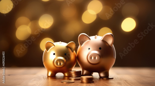 Golden piggy banks on a table with stacks of coins beside it, against a backdrop with a bokeh light effect.