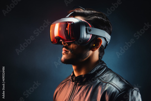 Gamer wearing a virtual reality headset, VR glasses goggles headset © HY