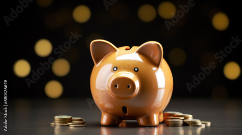 Golden piggy bank on a table with stacks of coins beside it, against a backdrop with a bokeh light effect.