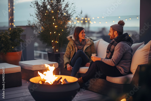 Happy couple having a romantic date on outdoor terrace with fire pit in winter photo