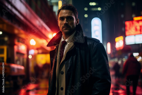 Neo-noir detective portrait, rainy megacity, trench coat with integrated circuit patterns, moody street lights