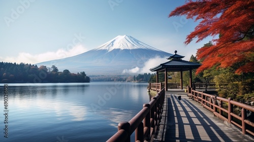 Fotografie, Obraz A serene scene of Lake Kawaguchiko with a wooden pier stretching out into the water, surrounded