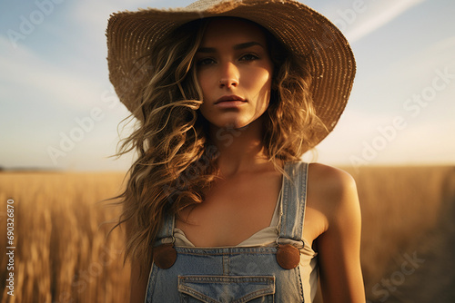 farmer portrait, weathered face, vintage denim overalls, straw hat, standing in a golden wheat field, late afternoon sunlight