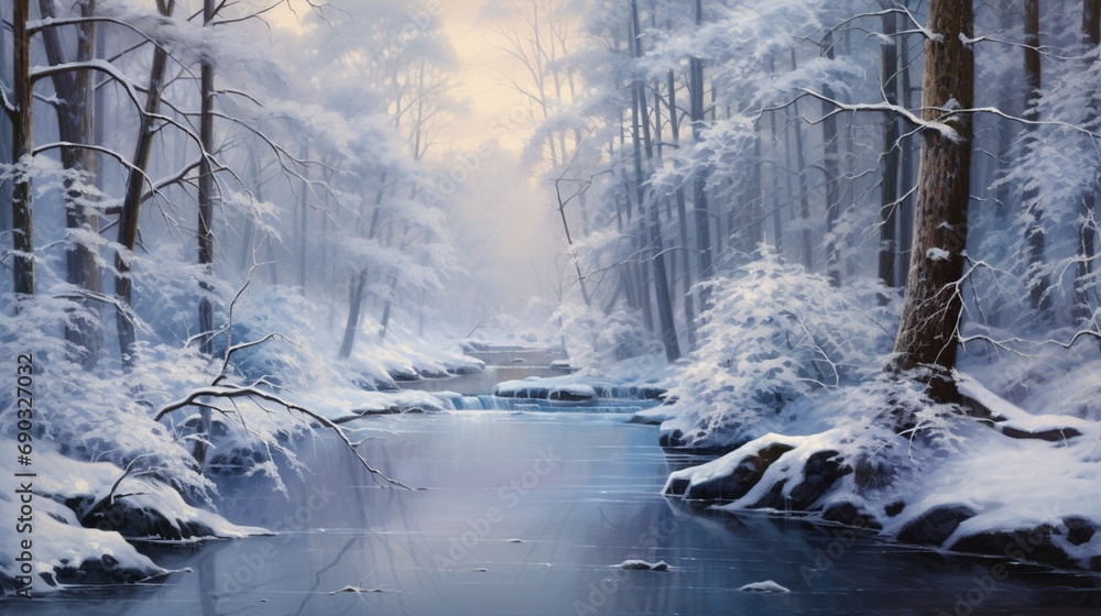 A serene winter river flows through a snow-covered forest, creating a picturesque scene.