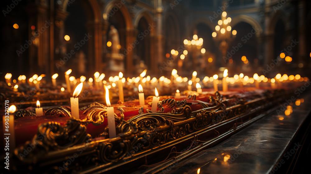 Candles flickering during an Orthodox Christian service in an ancient Eastern European church - obrazy, fototapety, plakaty 
