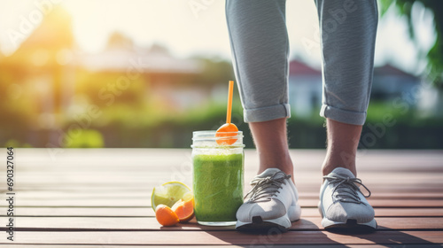 Person in athletic wear with a bright green smoothie and a sneaker photo