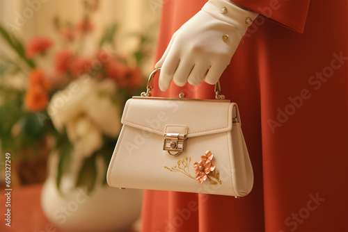 a lady in a terracotta-colored dress holds a small exquisite  Peach Fuzz handbag close-up. fashion content,Lady's handbag in hand photo