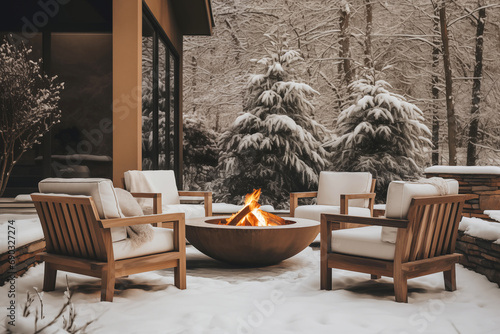 Cozy backyard deck with fire pit And sitting area in winter photo