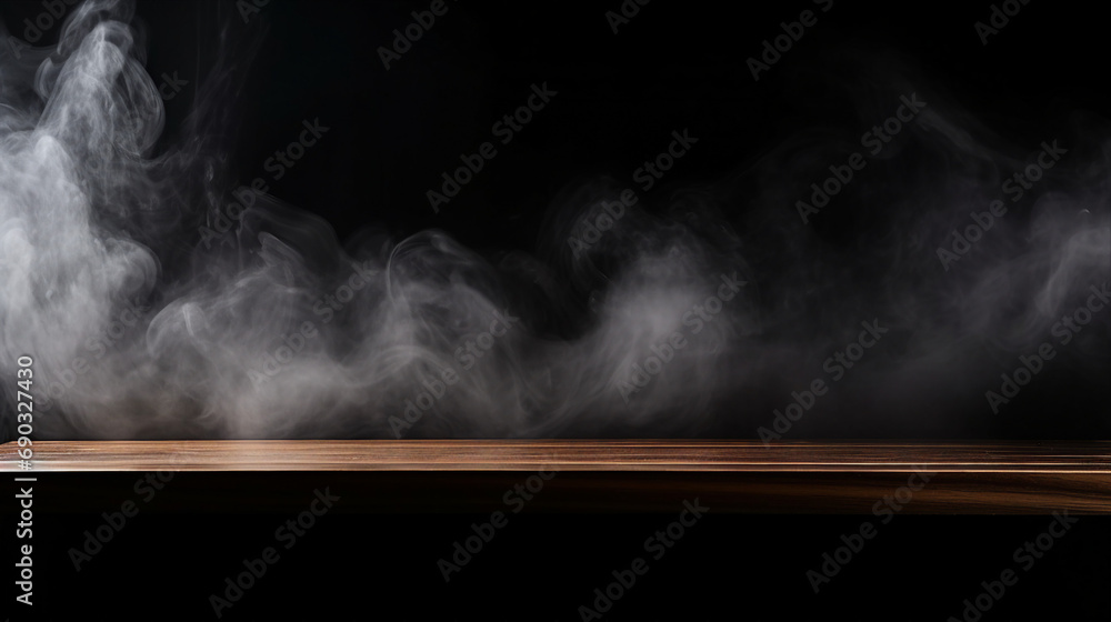 Mysterious Atmosphere: Smoke Floating Up from an Empty Wooden Table on a Dark Background - Artistic Minimalist Concept for Contemporary Interior Design and Home Decor.