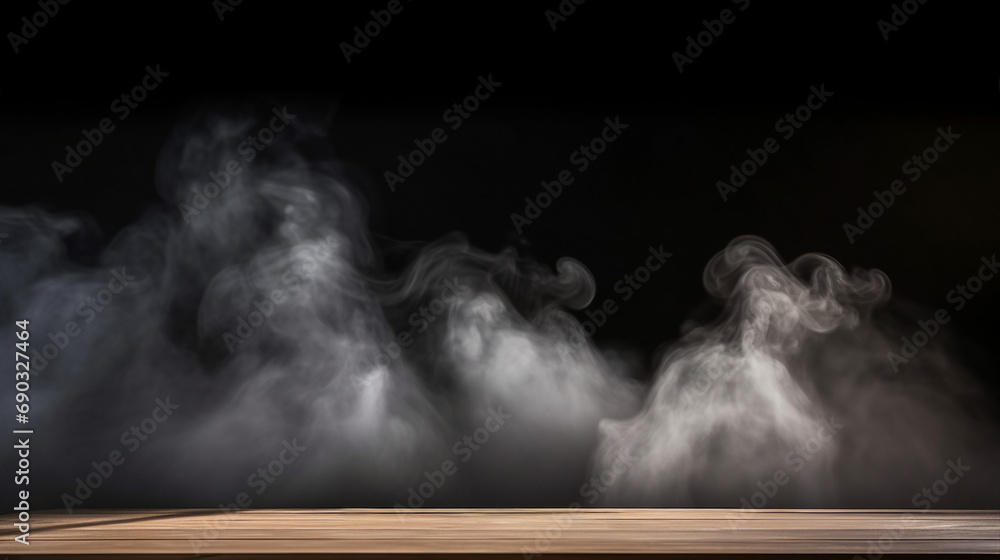 Mysterious Atmosphere: Smoke Floating Up from an Empty Wooden Table on a Dark Background - Artistic Minimalist Concept for Contemporary Interior Design and Home Decor.