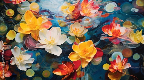 A swirling pattern of colorful petals floating in a pond, captured from above, creating an abstract