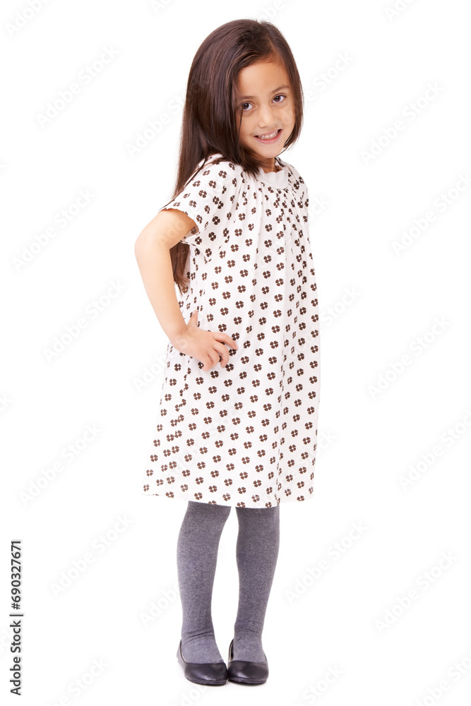 Happy, child or portrait with smile or fashion on white background in studio with confidence. Hands on hips, cute female kid or full body of young girl in Italy with dress, pride or clothes in style Happy, child or portrait with smile or fashion on white background in studio with confidence. Hands on hips, cute female kid or full body of young girl in Italy with dress, pride or clothes in style