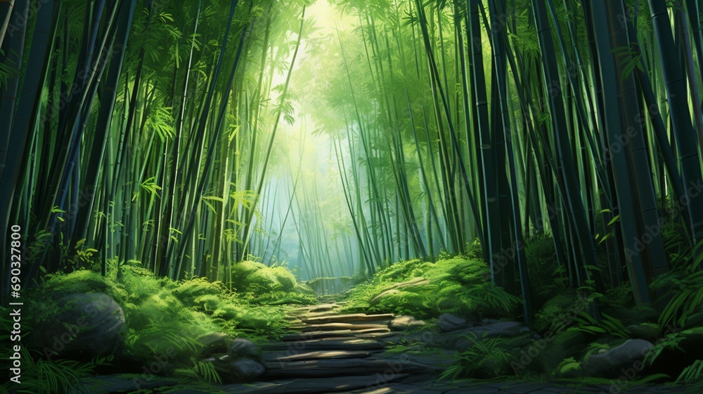 A tranquil bamboo forest, with tall stalks swaying gently in the breeze, creating a peaceful.
