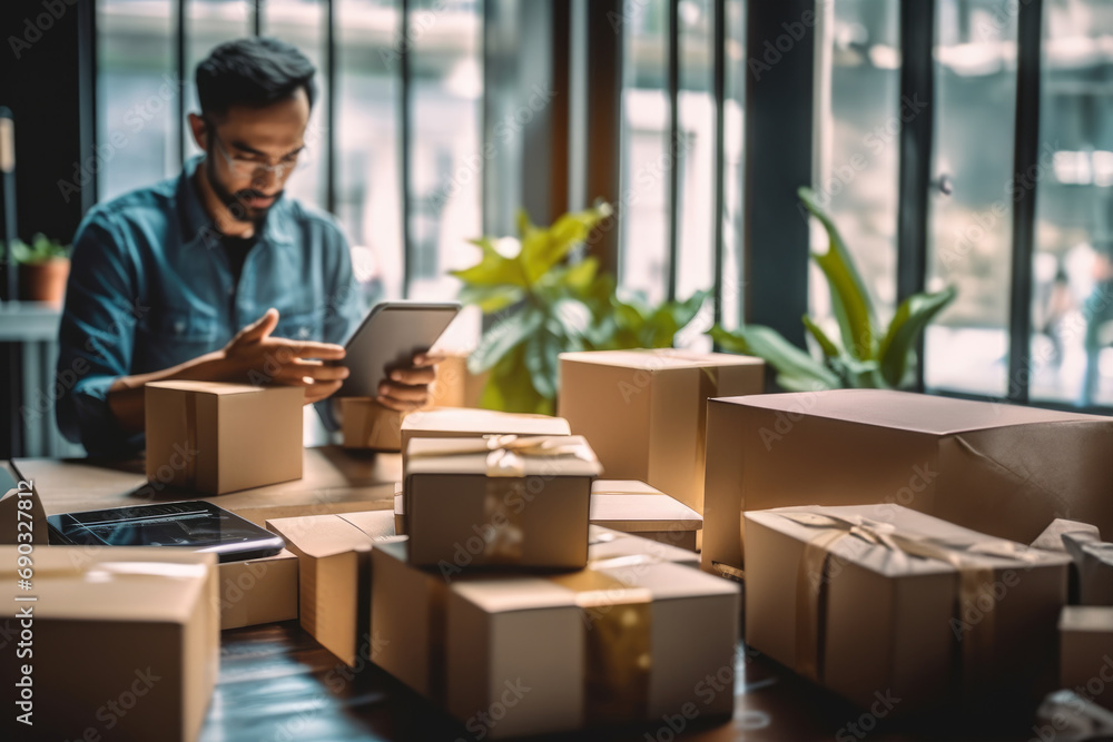 delivery of boxes from deliveryman.Worker Scanning Package.Background delivery of boxes from deliveryman.Worker Scanning Package.Background