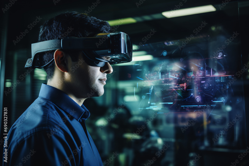 Man using AR Augmented Reality glasses headset on infographic background