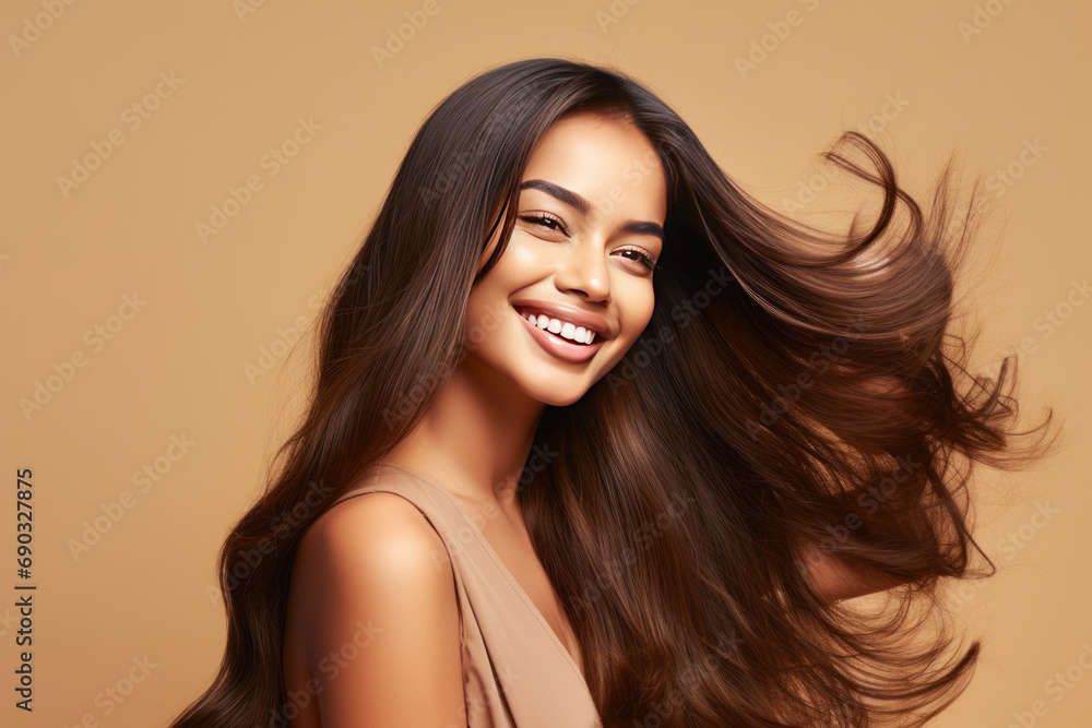 Beautiful woman with shiny hair on yellow background. Beautiful woman with shiny hair on yellow background.