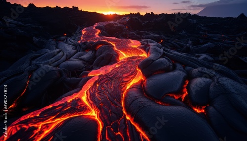 Lava Flowing Down a Mountain at Sunset