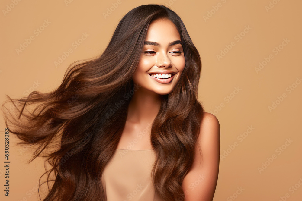 Beautiful woman with shiny hair on yellow background. Beautiful woman with shiny hair on yellow background.