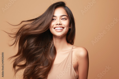 Beautiful woman with shiny hair on yellow background.