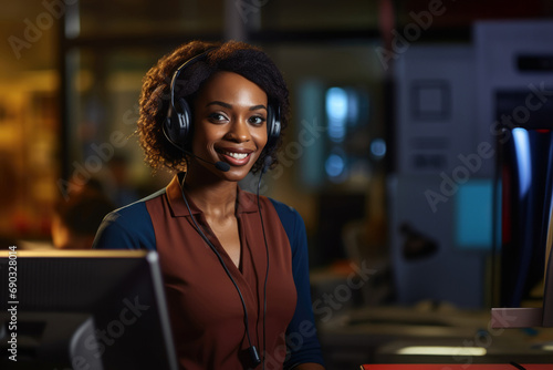 Call center workers.girl with headphones.friendly operator woman agent with headsets working in a call centre. photo